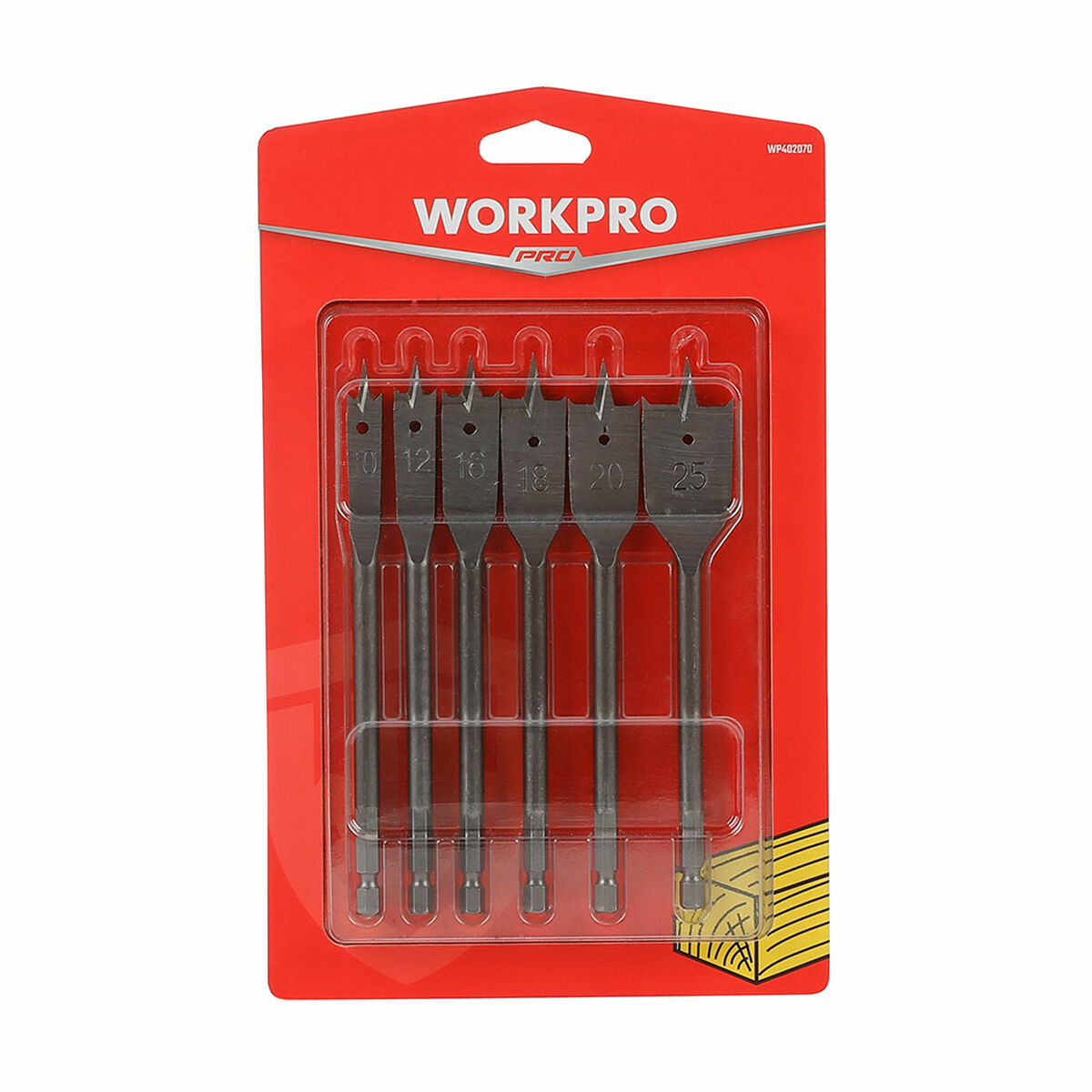 Spolset Workpro 10, 12, 16, 18, 20, 25 mm Kolstål Spade Trä 6 Delar - 2
