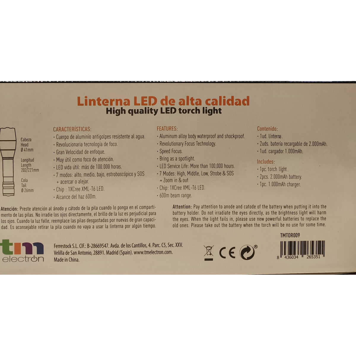 Ficklampa LED TM Electron REC Svart 10W - 10