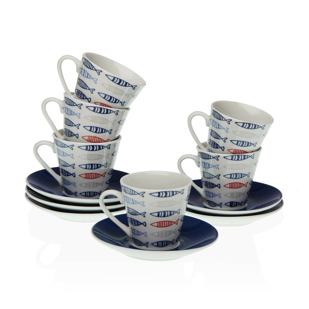 Set med koppar och fat Versa Porslin 5,8 x 6 x 5,8 cm Fiskar Kaffe/ Café (12 Delar)