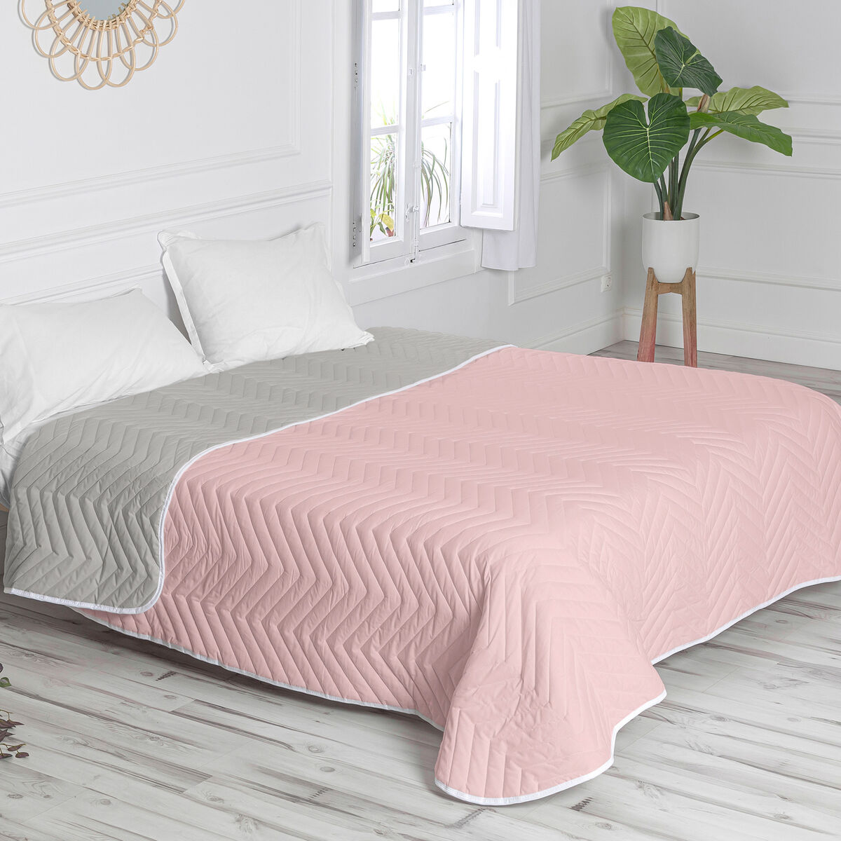 Vändbart överkast HappyFriday Basic Arista Grå Ljusrosa 250 x 260 cm - 4