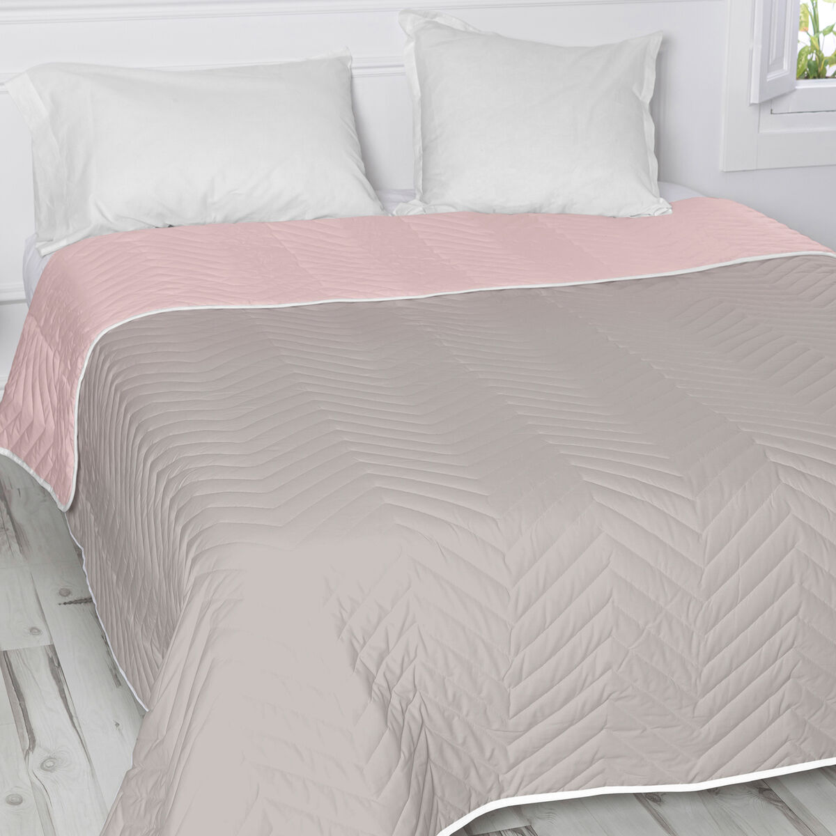 Vändbart överkast HappyFriday Basic Arista Grå Ljusrosa 260 x 260 cm - 6