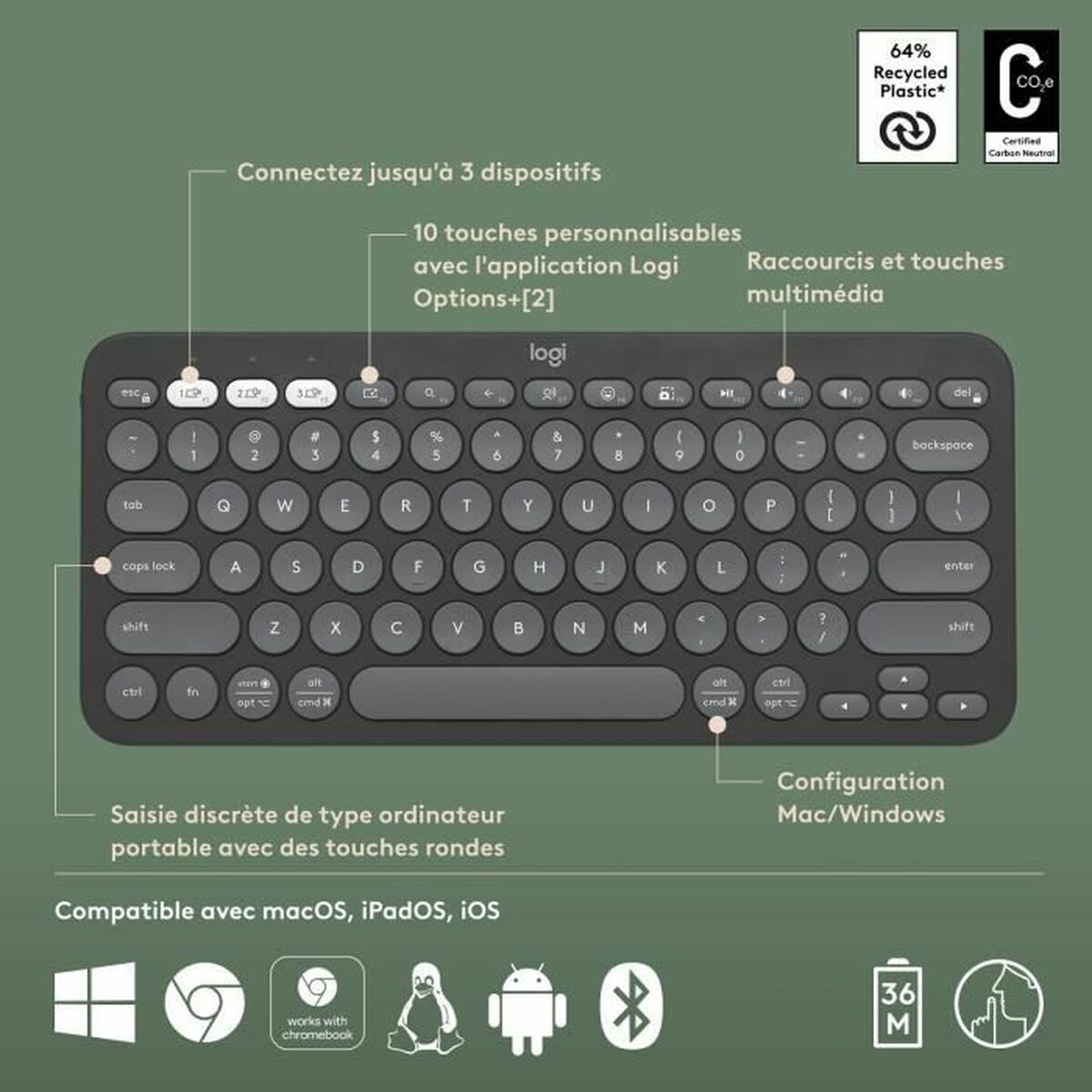 Bluetooth-tangentbord med tabletthållare Logitech K380 Franska Grå Grafit Mörkgrå AZERTY - 3