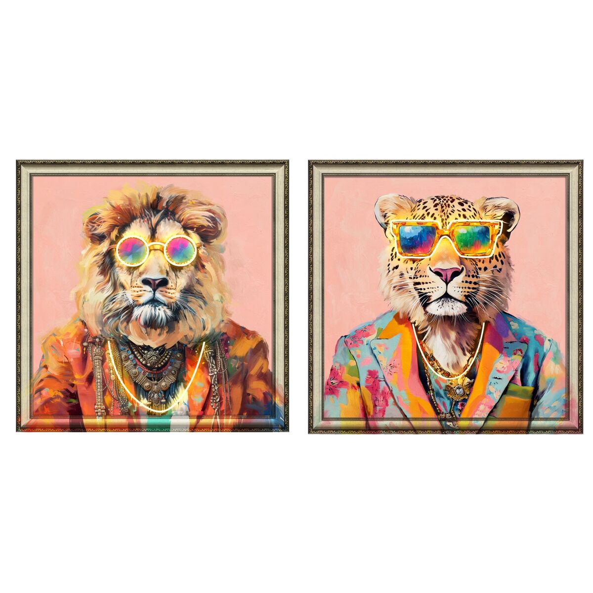 Kanvas Home ESPRIT Blå Orange Ljusrosa Leopard Lejonet Modern 84 x 4 x 84 cm (2 antal)