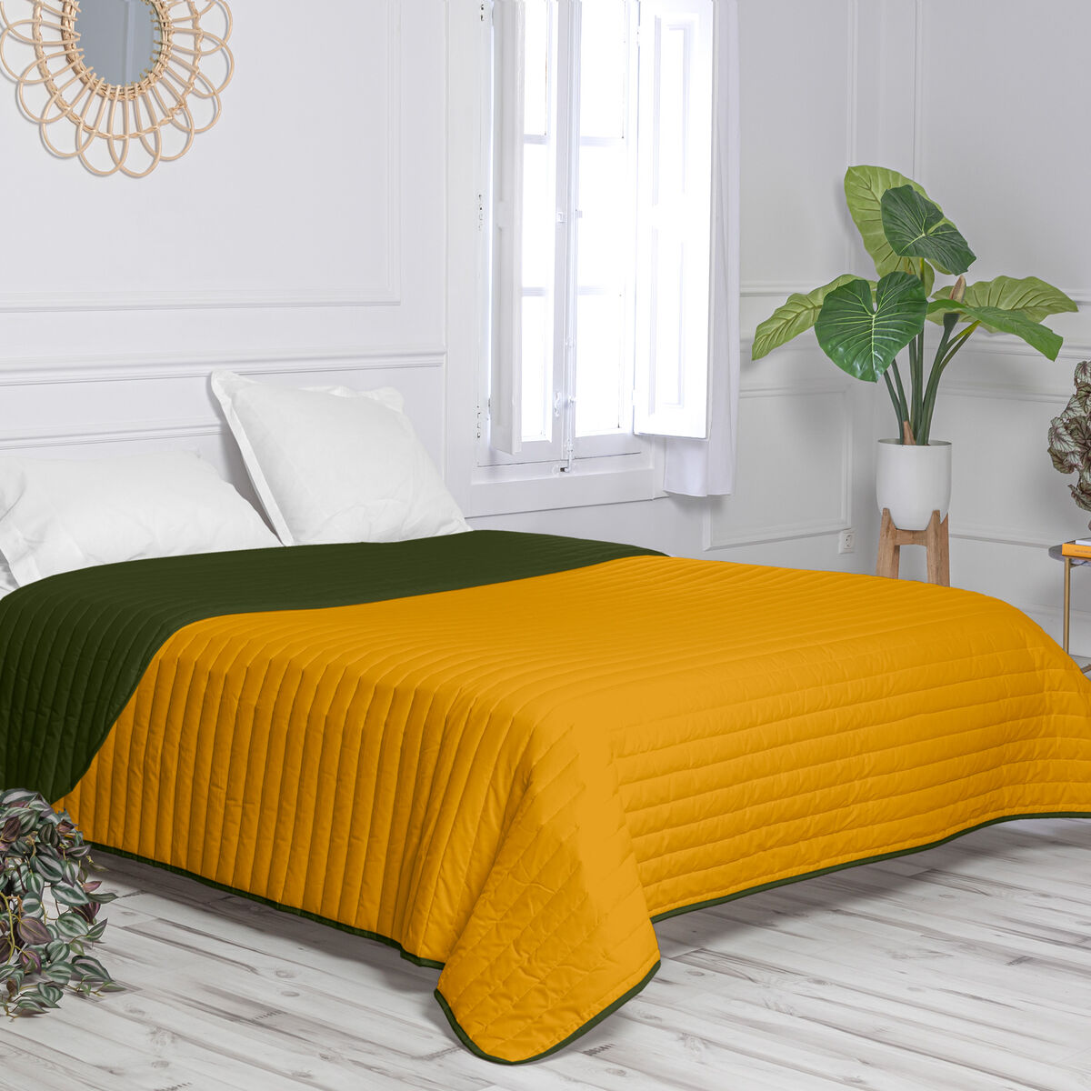 Vändbart överkast HappyFriday Basic Dash Gul Grön 270 x 260 cm - 5