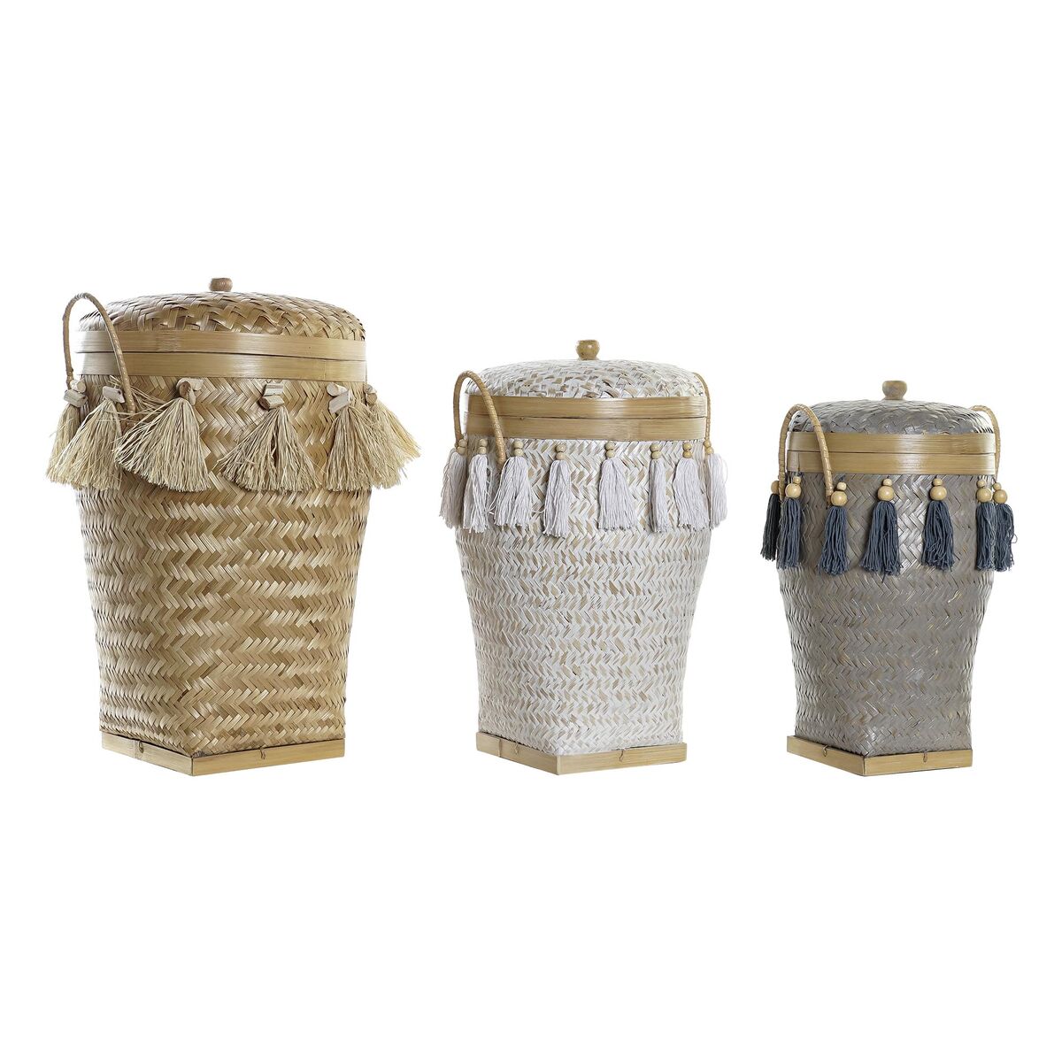 Uppsättning med Dekorativa Lådor DKD Home Decor Vit Grå Naturell Bambu Frans Boho (3 Delar) - 5