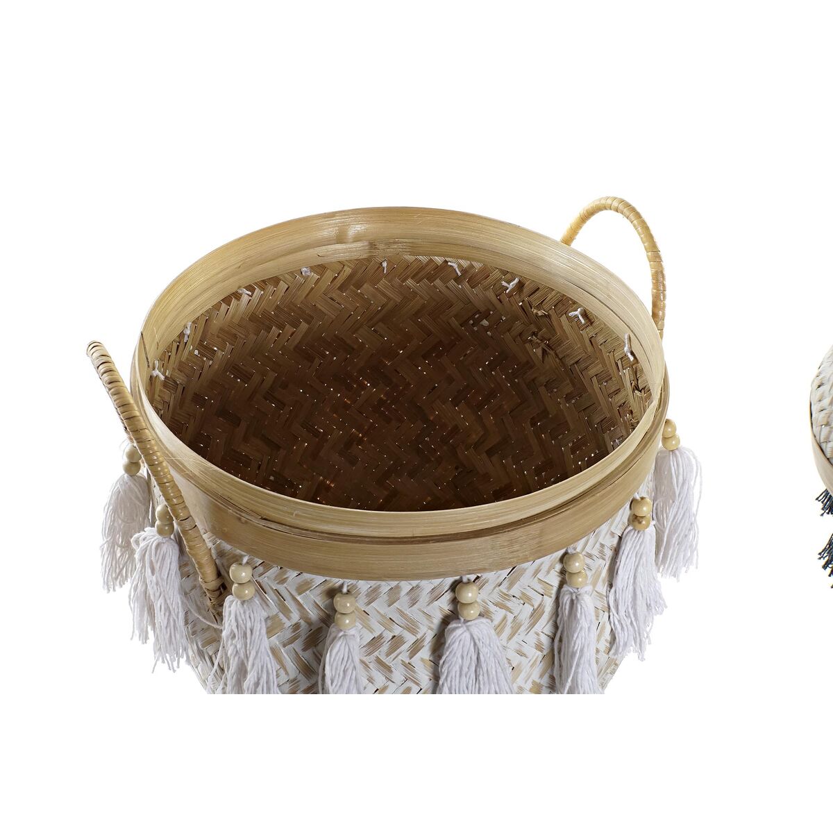 Uppsättning med Dekorativa Lådor DKD Home Decor Vit Grå Naturell Bambu Frans Boho (3 Delar) - 8
