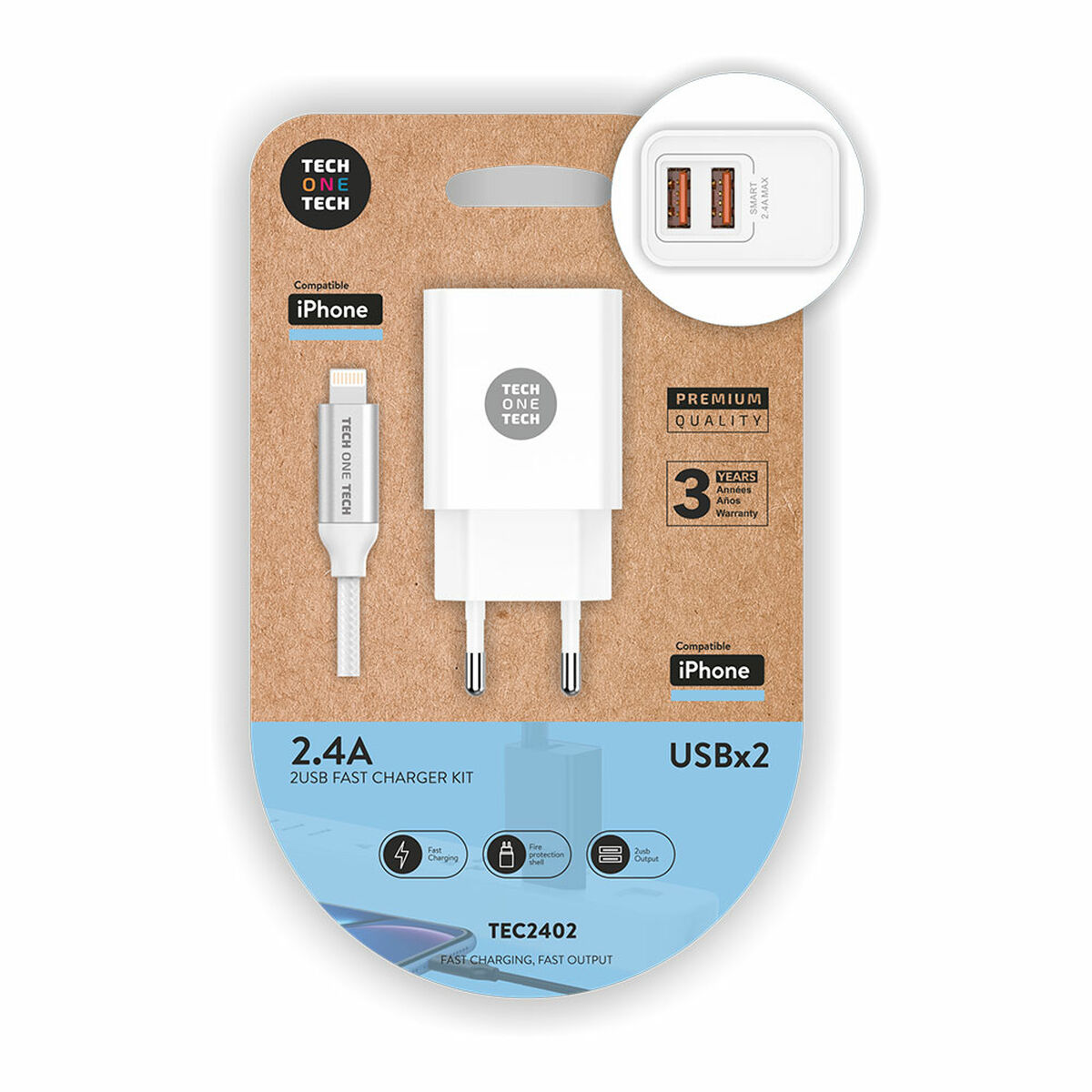 Väggladdare + lightning MIFI-kabel Tech One Tech Double Lightning