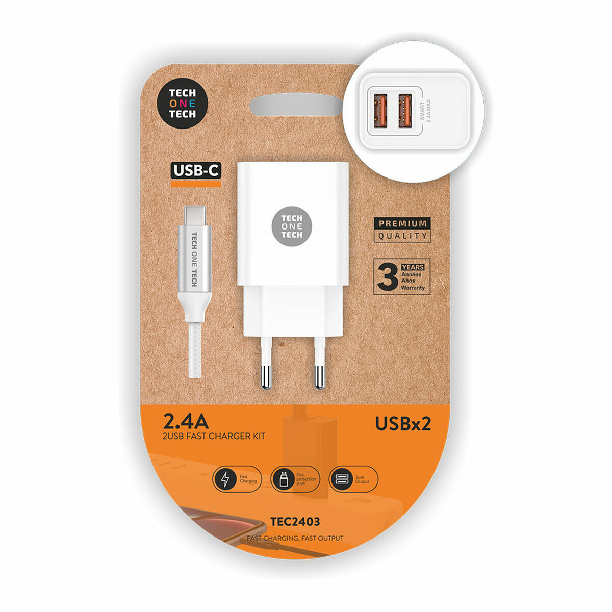 Väggladdare + USB-C kabel Tech One Tech Double