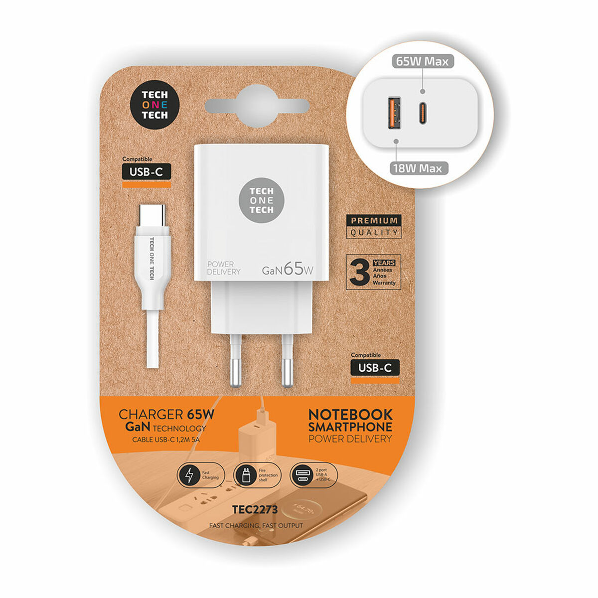 Väggladdare + USB-C kabel Tech One Tech