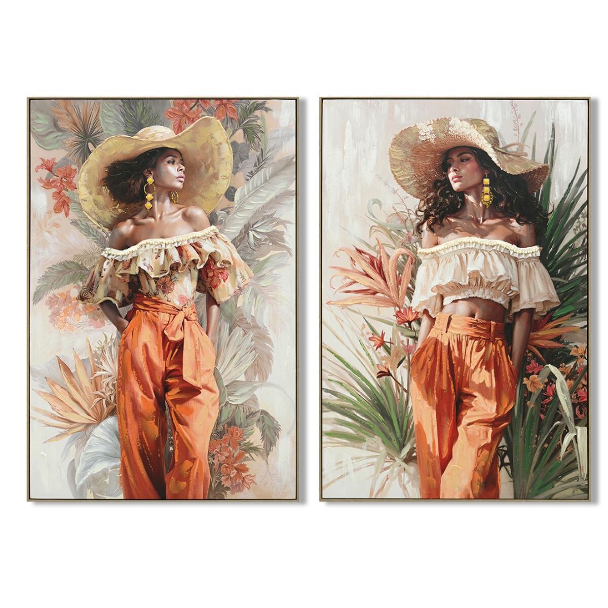Kanvas Home ESPRIT Grön Orange Hatt Tropiskt 82 x 4 x 122 cm (2 antal)