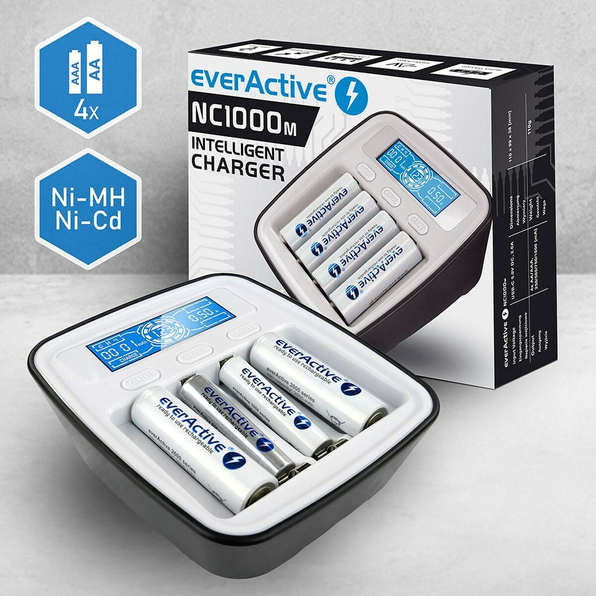 Batteriladdare EverActive NC-1000M Svart/Vit - 3