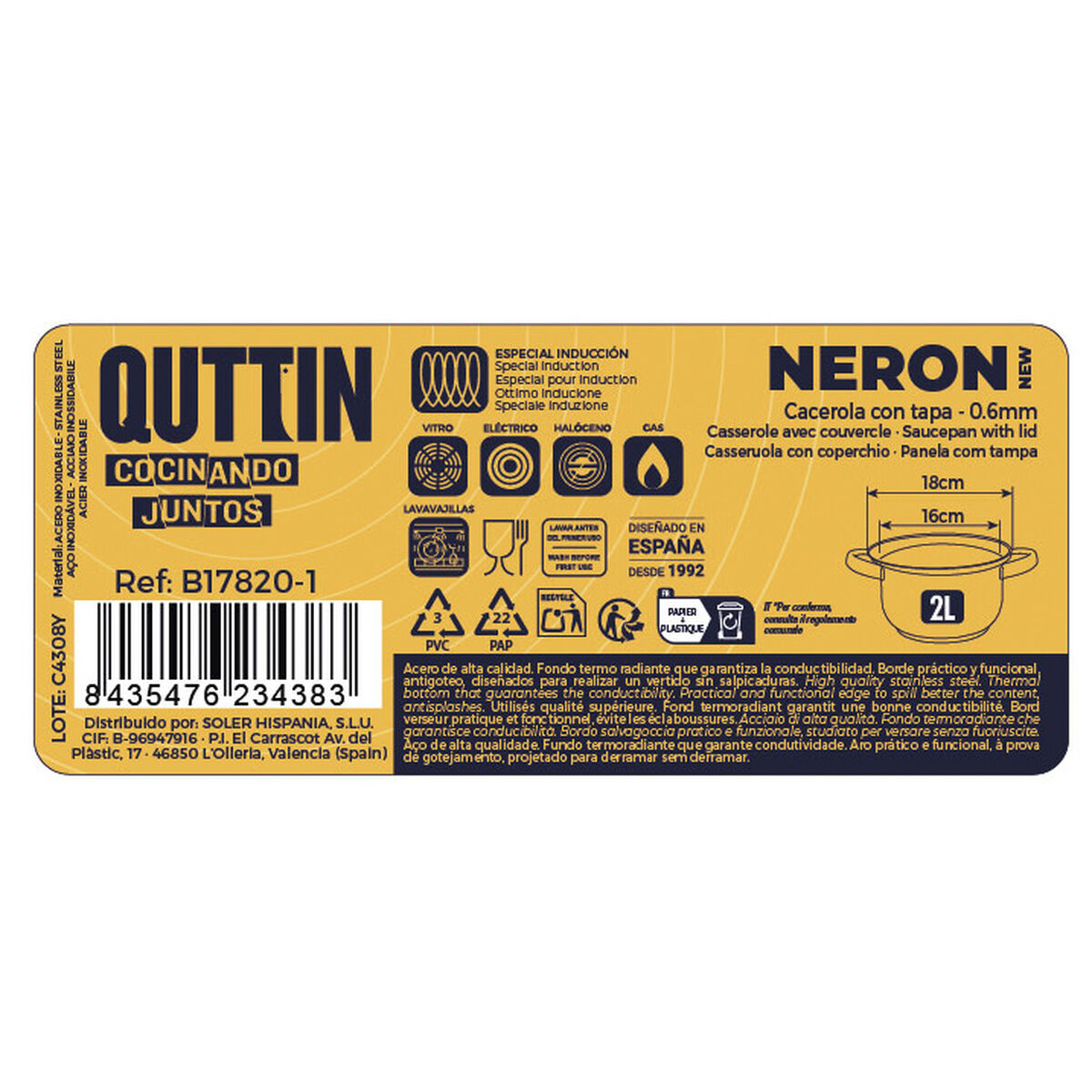 Kastrull med glaslock Quttin New Neron Stål 26 x 18 x 10 cm (6 antal) - 5