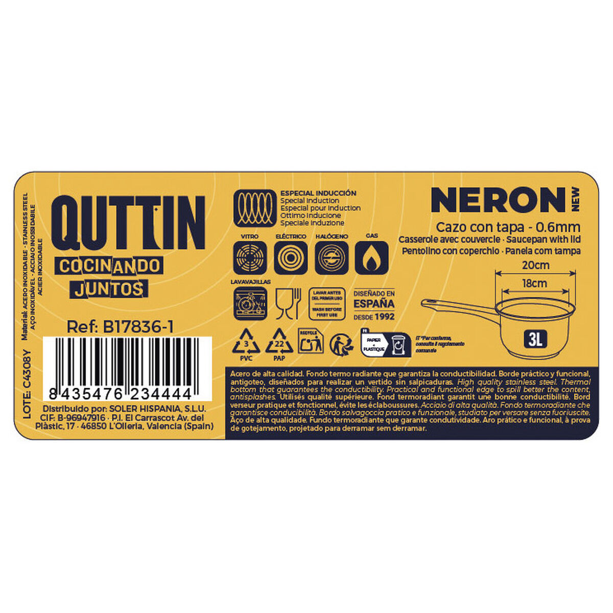 Kastrull med lock Quttin New Neron Stål 35 x 19,5 x 10,5 cm (8 antal) - 5