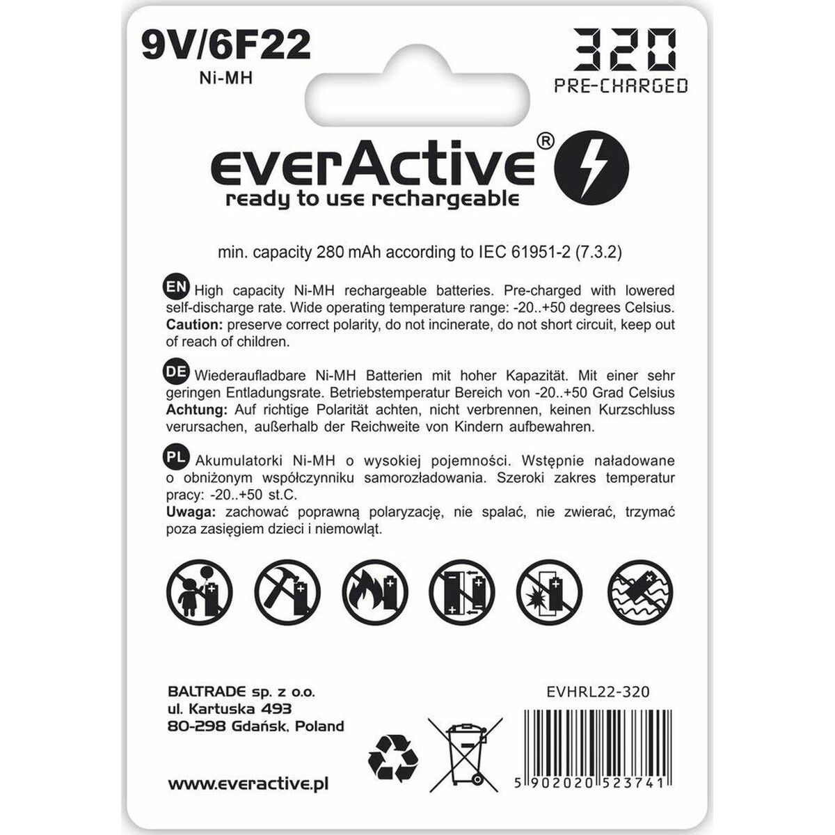 Laddningsbara Batterier EverActive EVHRL22 320 mAh 9 V - 2