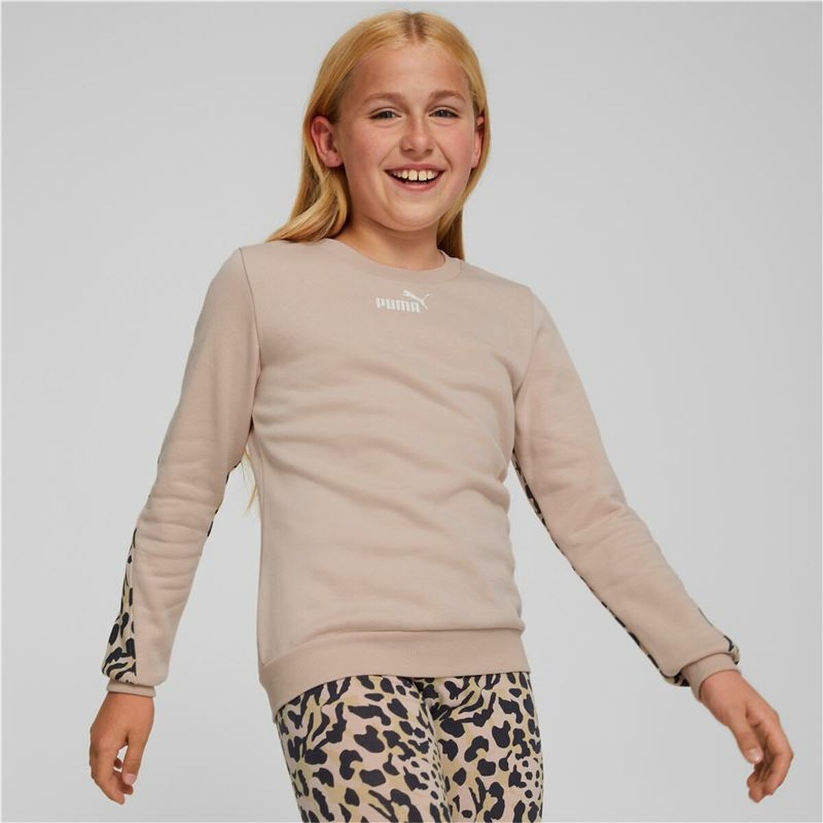 Tröja utan luva, Flickor Puma Alpha Crew Neck Beige Leopard Rosa - 3