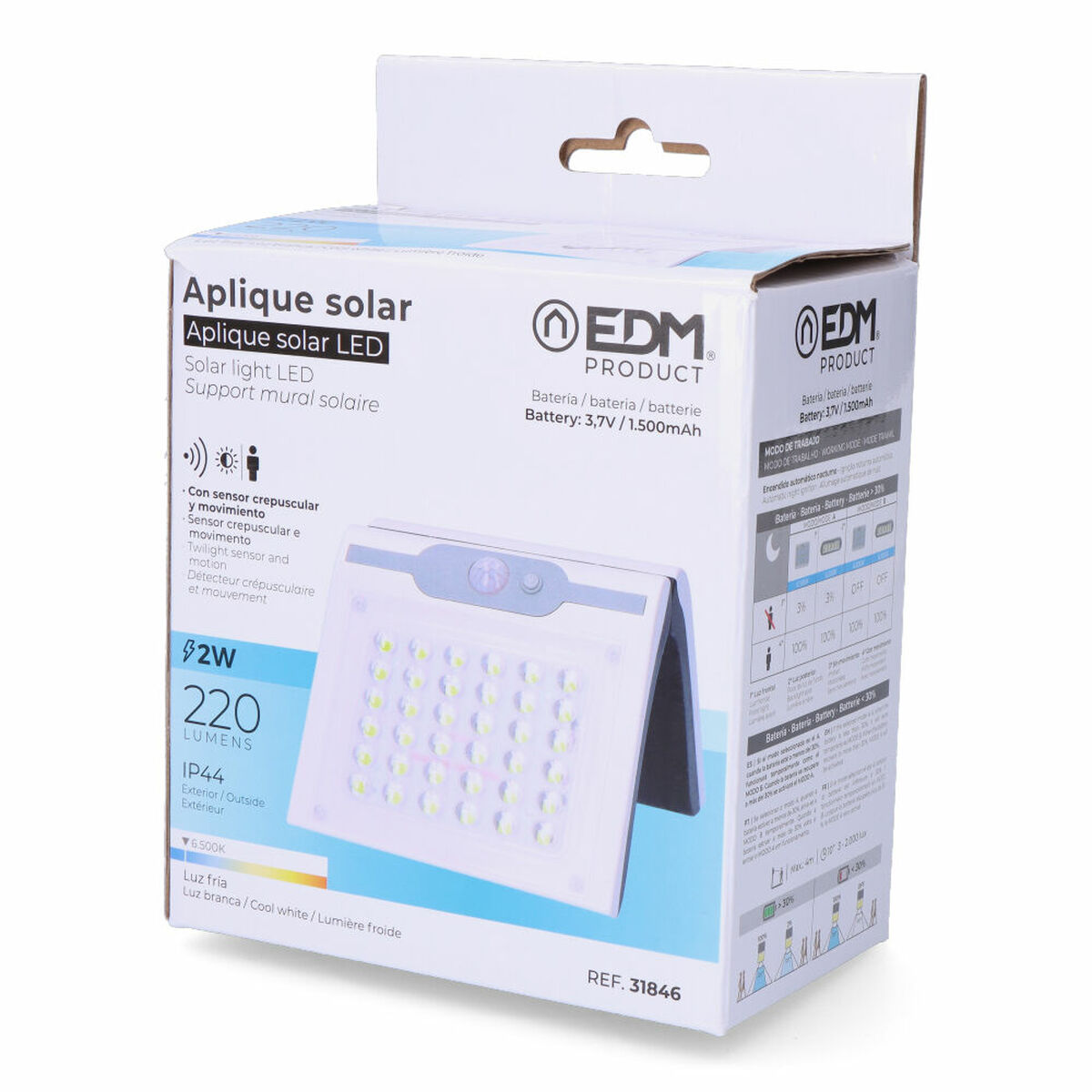 Vägglampa med LED EDM 31846 Vit 2 W 220 lm Sol Rörelsesensor (6500 K) - 7