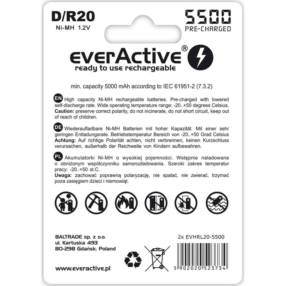 Laddningsbart batteri EverActive EVHRL20-5500 5000 mAh 1,2 V (2 antal) - 2