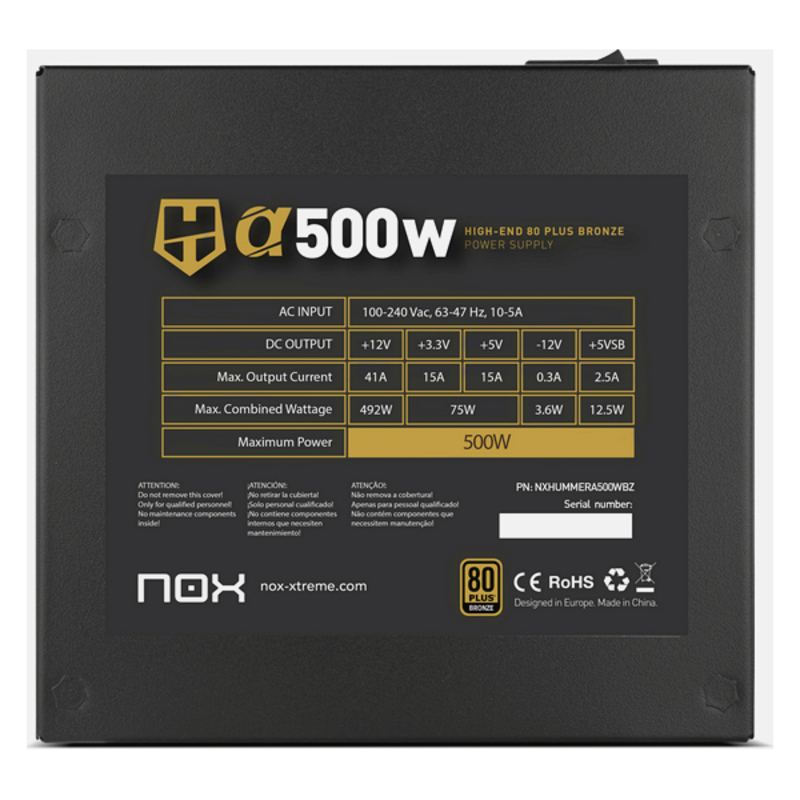 Strömtillförsel Nox-Xtreme Hummer Alpha 500 W ATX 80 Plus Bronze RoHS CE - 4