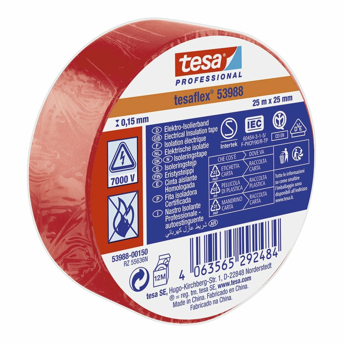Isoleringstejp TESA Röd PVC 25 mm x 25 m
