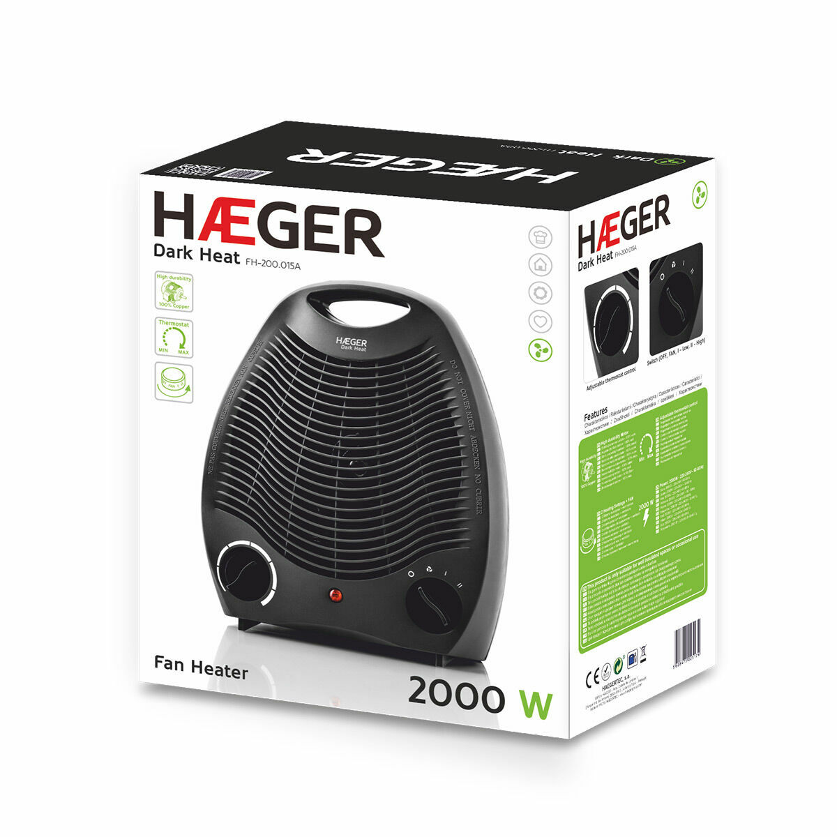 Bärbar värmefläkt Haeger FH-200.015A 2000 W Svart - 2