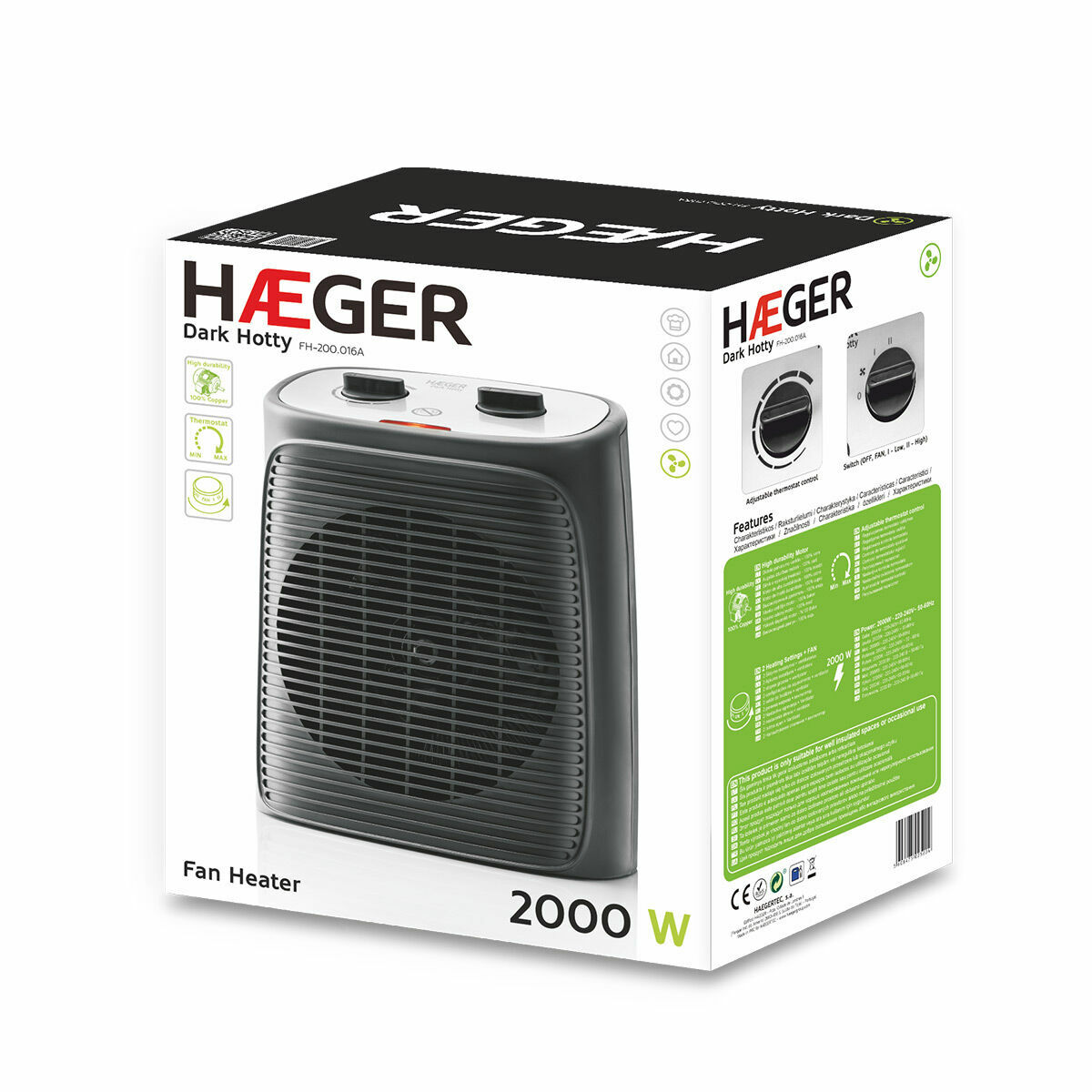 Bärbar värmefläkt Haeger FH-200.016A 2000 W Svart Vit - 2