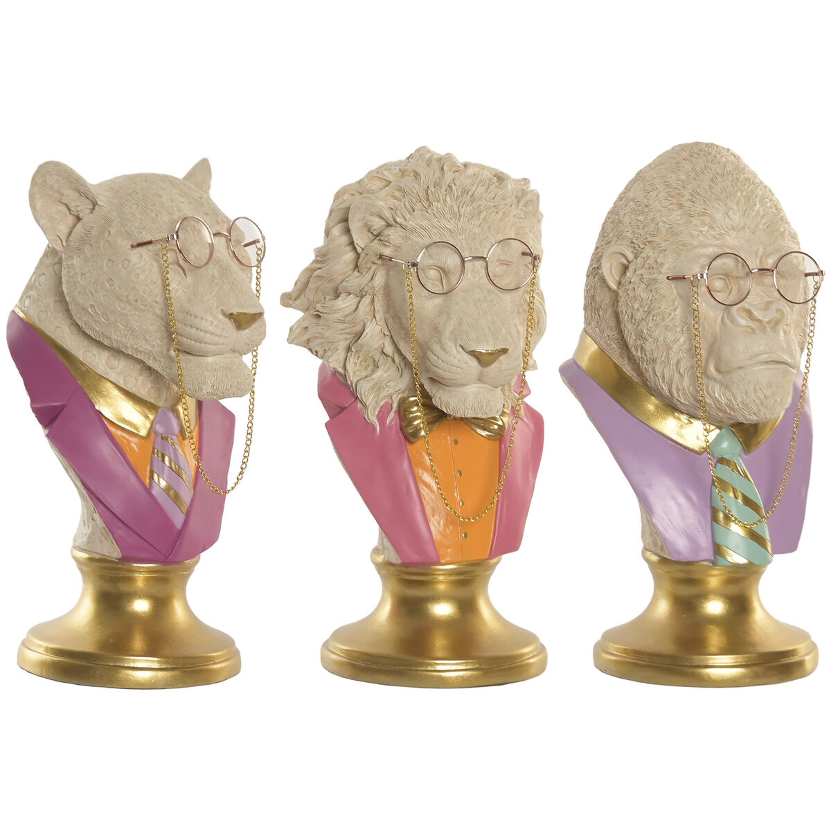 Prydnadsfigur Home ESPRIT Vit Multicolour Gyllene Tiger Lejonet Gorilla (3 antal)