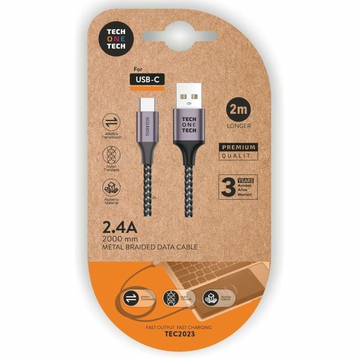 USB A till USB-C Kabel Tech One Tech TEC2023 Grå