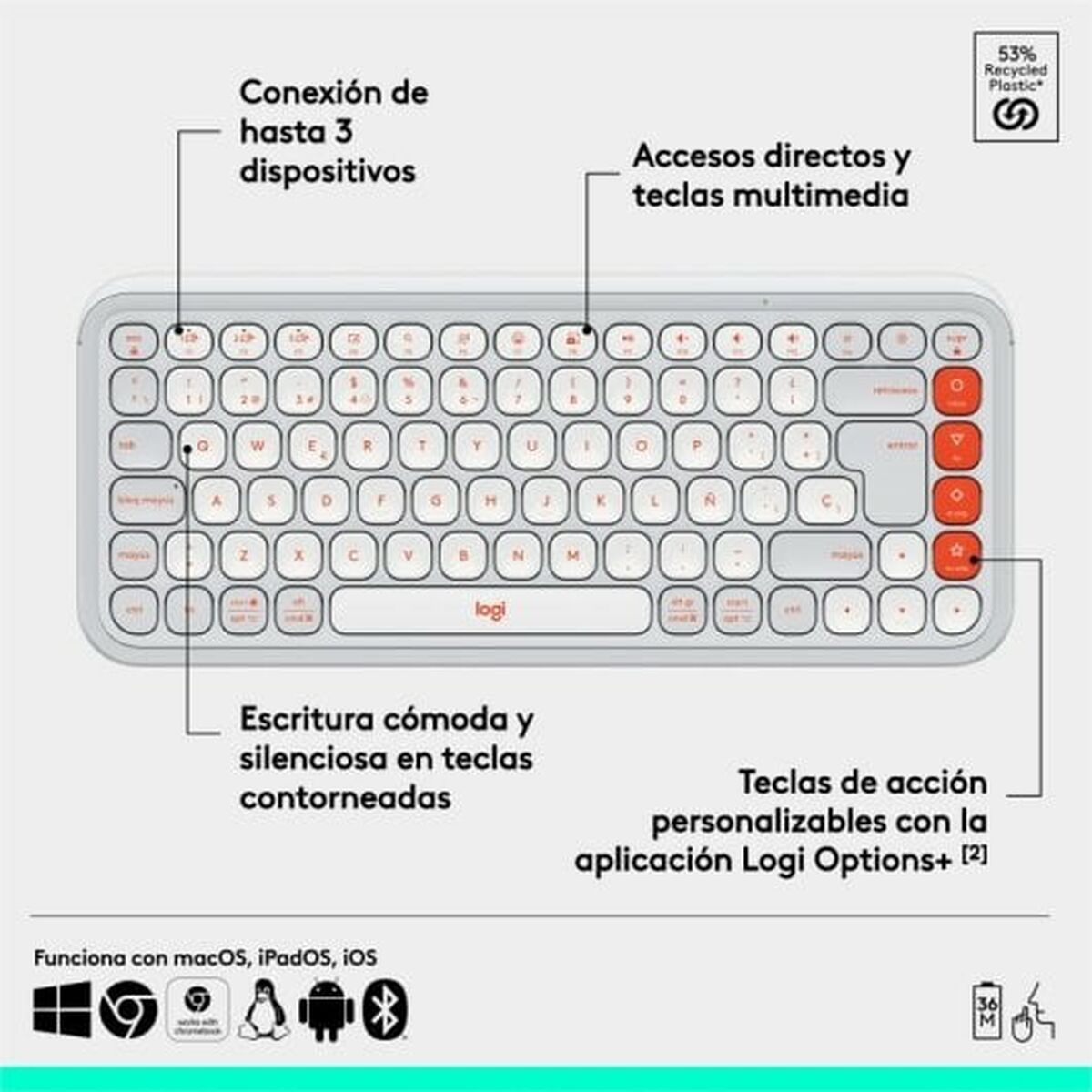 Tangentbord Logitech Pop Icon Vit Qwerty Spanska QWERTY - 6