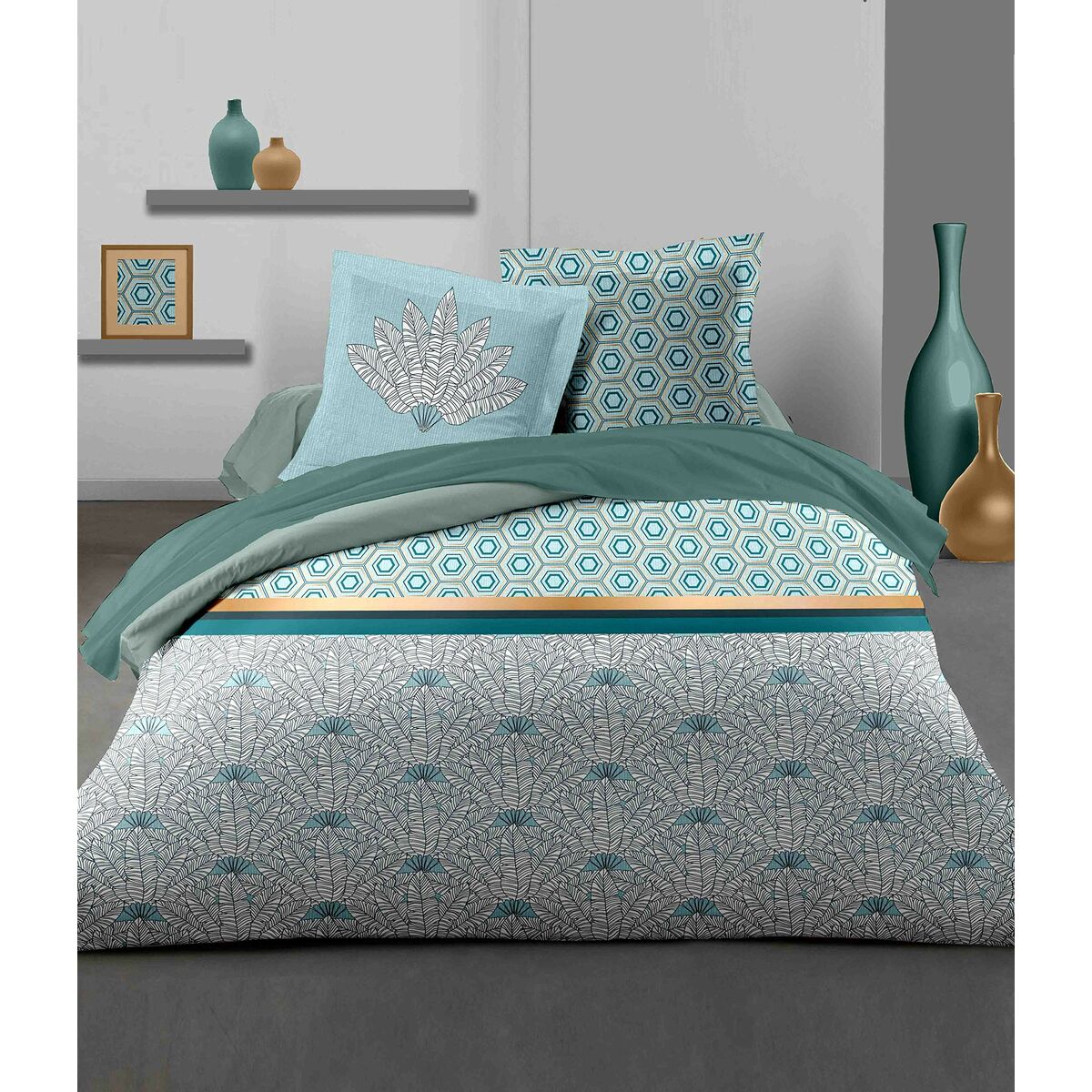 Täckslagsset HOME LINGE PASSION Vit Grön Smaragdgrön Dubbelsäng 240 x 260 cm - 3