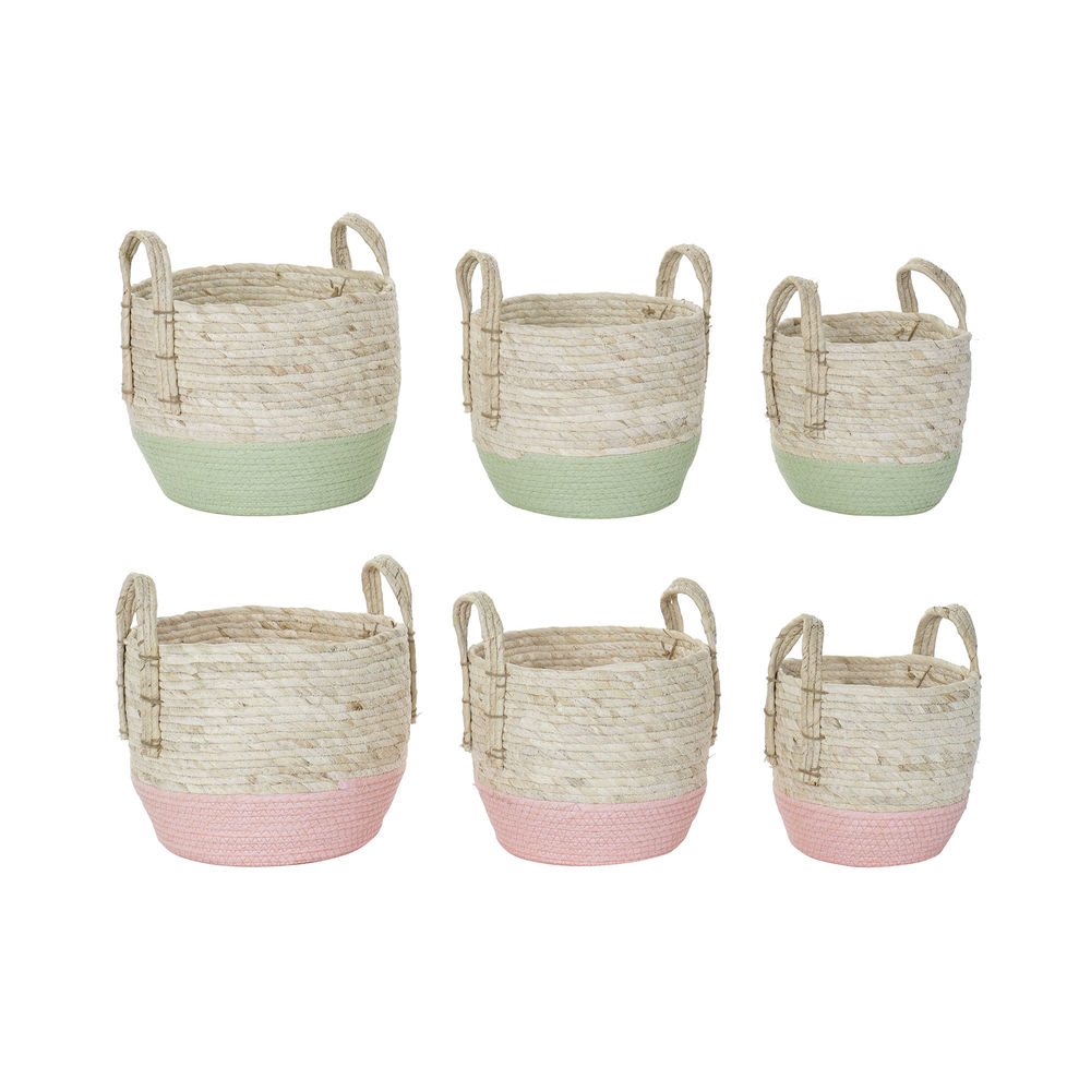 Korg - set DKD Home Decor Naturell Rosa Grön Naturliga fibrer 30 x 30 x 32 cm Boho (2 antal)