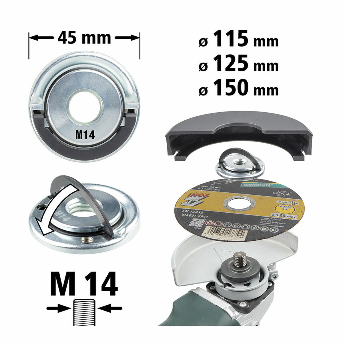 Snabbfäste mutter för vinkelslip Wolfcraft 2463000 Ø 45 mm M14 - 5