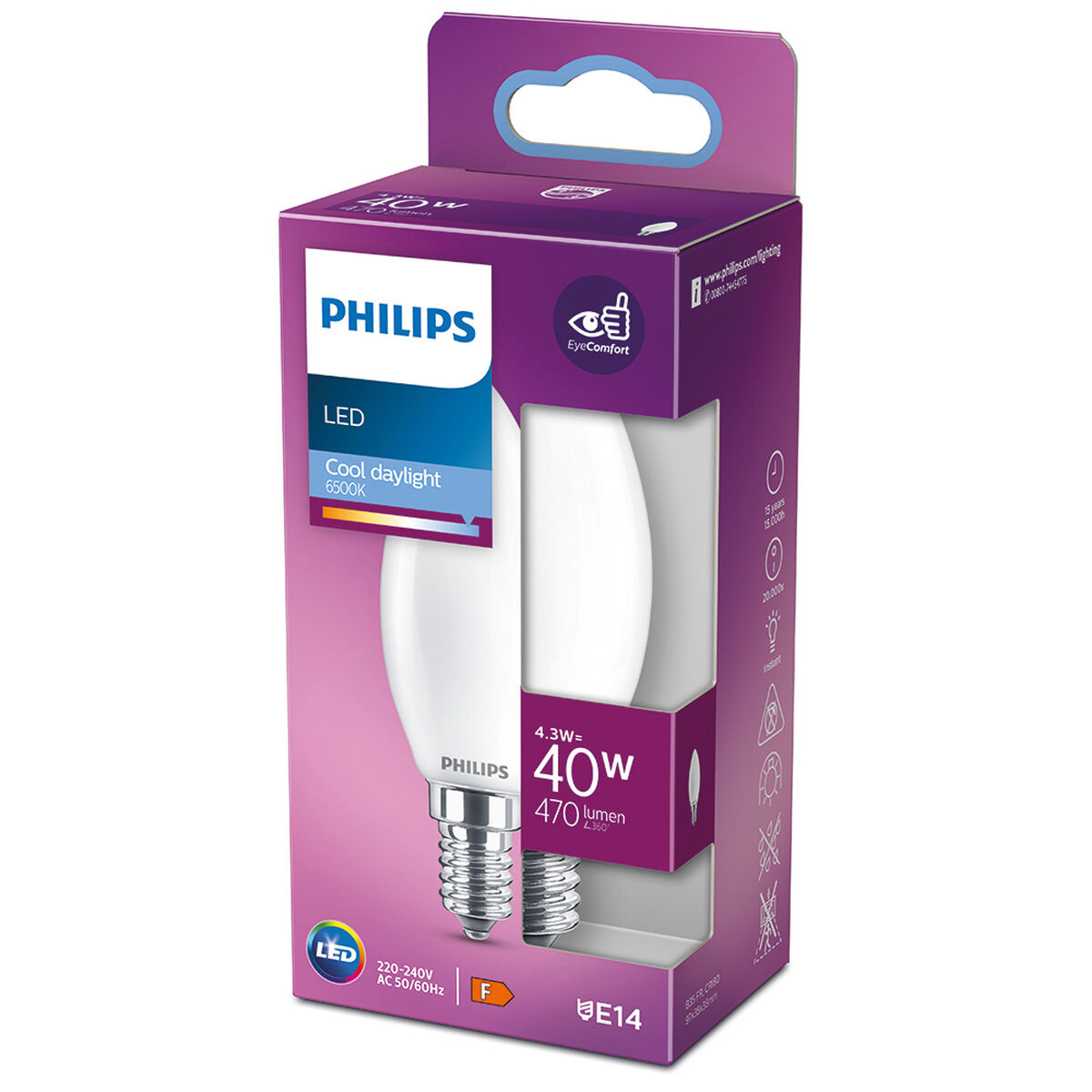 LED-lampa Philips Ljus Vit F 40 W 4,3 W E14 470 lm 3,5 x 9,7 cm (6500 K) - 6