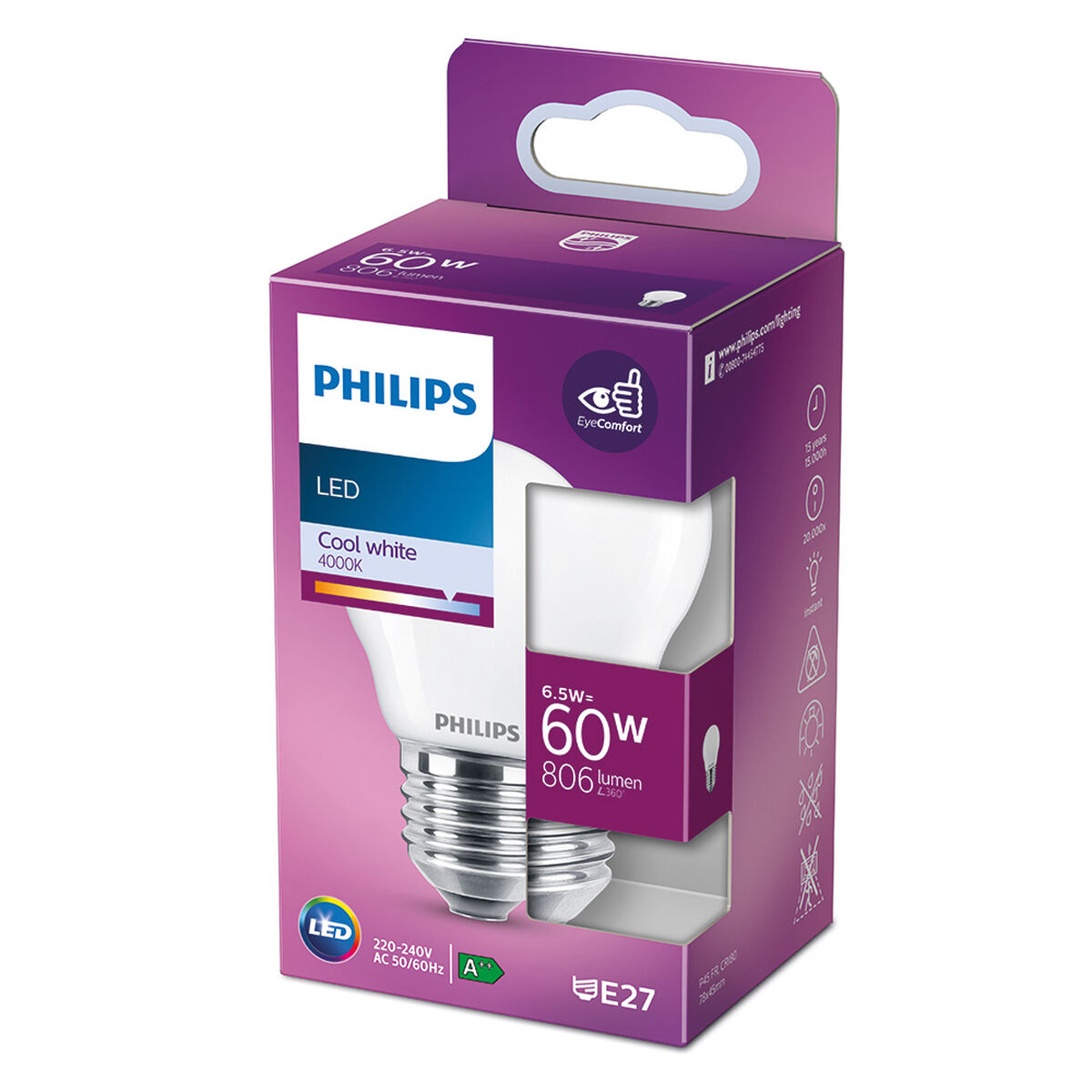 LED-lampa Philips Sfärisk E 6,5 W E27 806 lm 4,5 x 7,8 cm (4000 K) - 6
