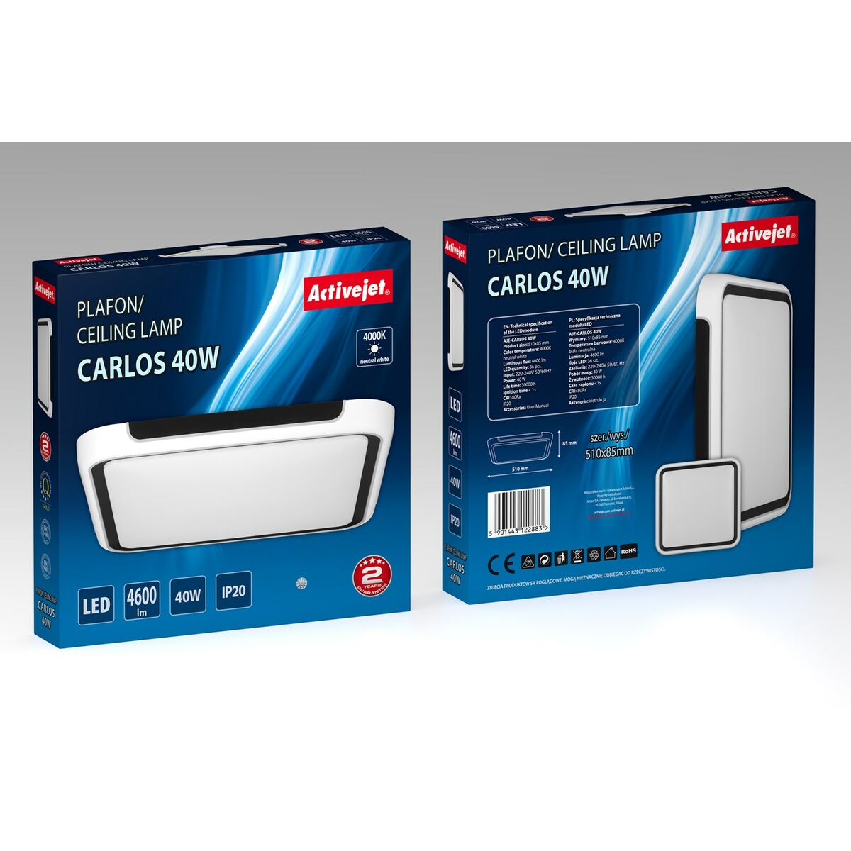 Taklampa Activejet AJE-CARLOS 40W Vit Svart 80 (4000 K) - 4