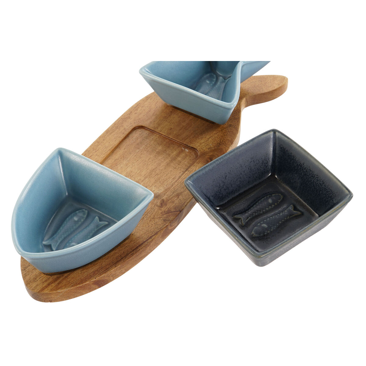 Tilltuggsset Home ESPRIT Blå Marinblå Porslin Akaciaträ Fisk Medelhavs 28 x 9,7 x 1,3 cm 4 Delar - 4