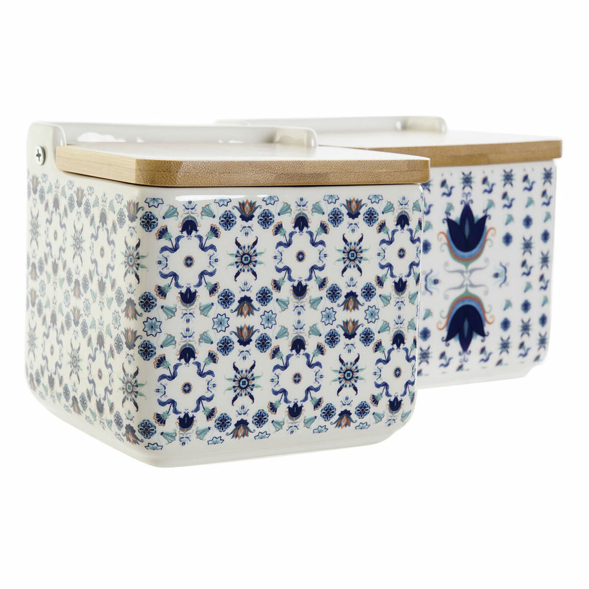 Saltkar med lock DKD Home Decor Kakel Blå Vit Bambu Dolomite (12.5 x 12.5 x 12 cm) (2 pcs) - 2