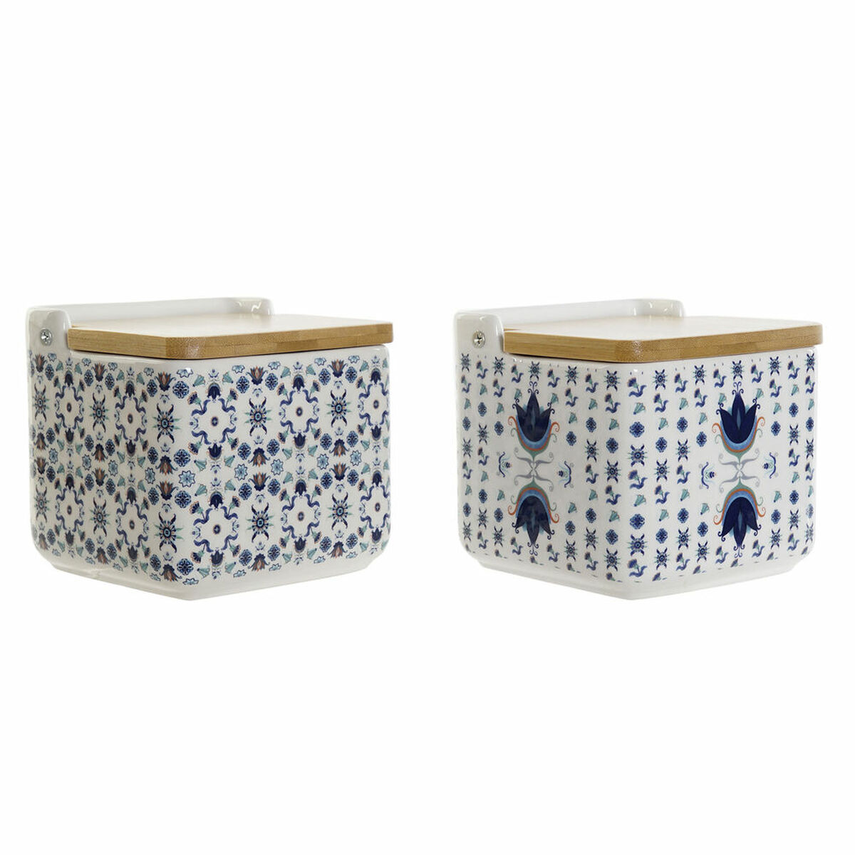 Saltkar med lock DKD Home Decor Kakel Blå Vit Bambu Dolomite (12.5 x 12.5 x 12 cm) (2 pcs)
