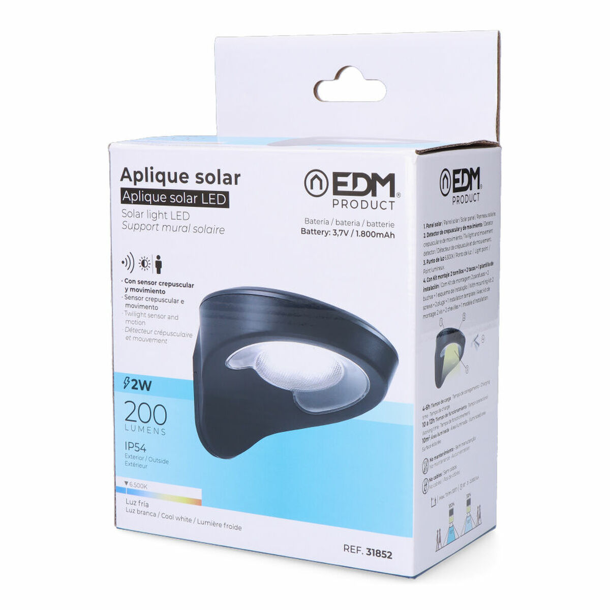 Vägglampa med LED EDM 31852 Svart 2 W 1,8 W 200 Lm 155 Lm Sol Rörelsesensor (6500 K) - 8