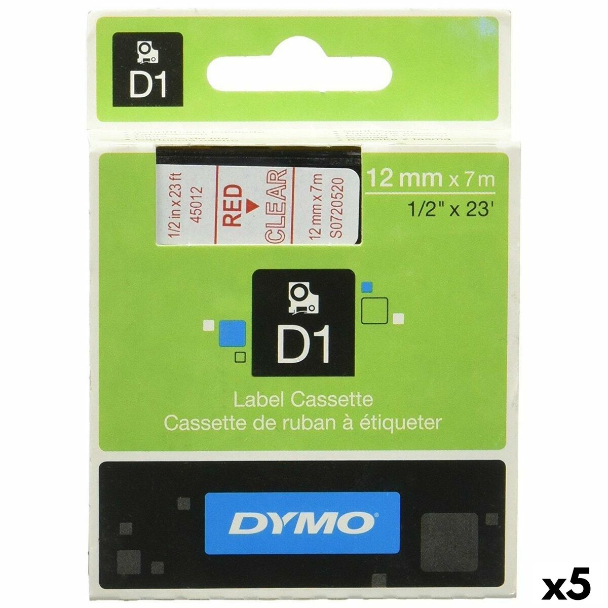Laminerat Band till Etikettskrivare Dymo D1 45012 12 mm LabelManager™ Transparent Röd Svart (5 antal)