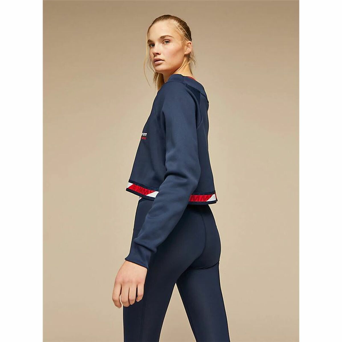 Tröja utan huva Dam Tommy Hilfiger Crop V Neck Mörkblå - 3