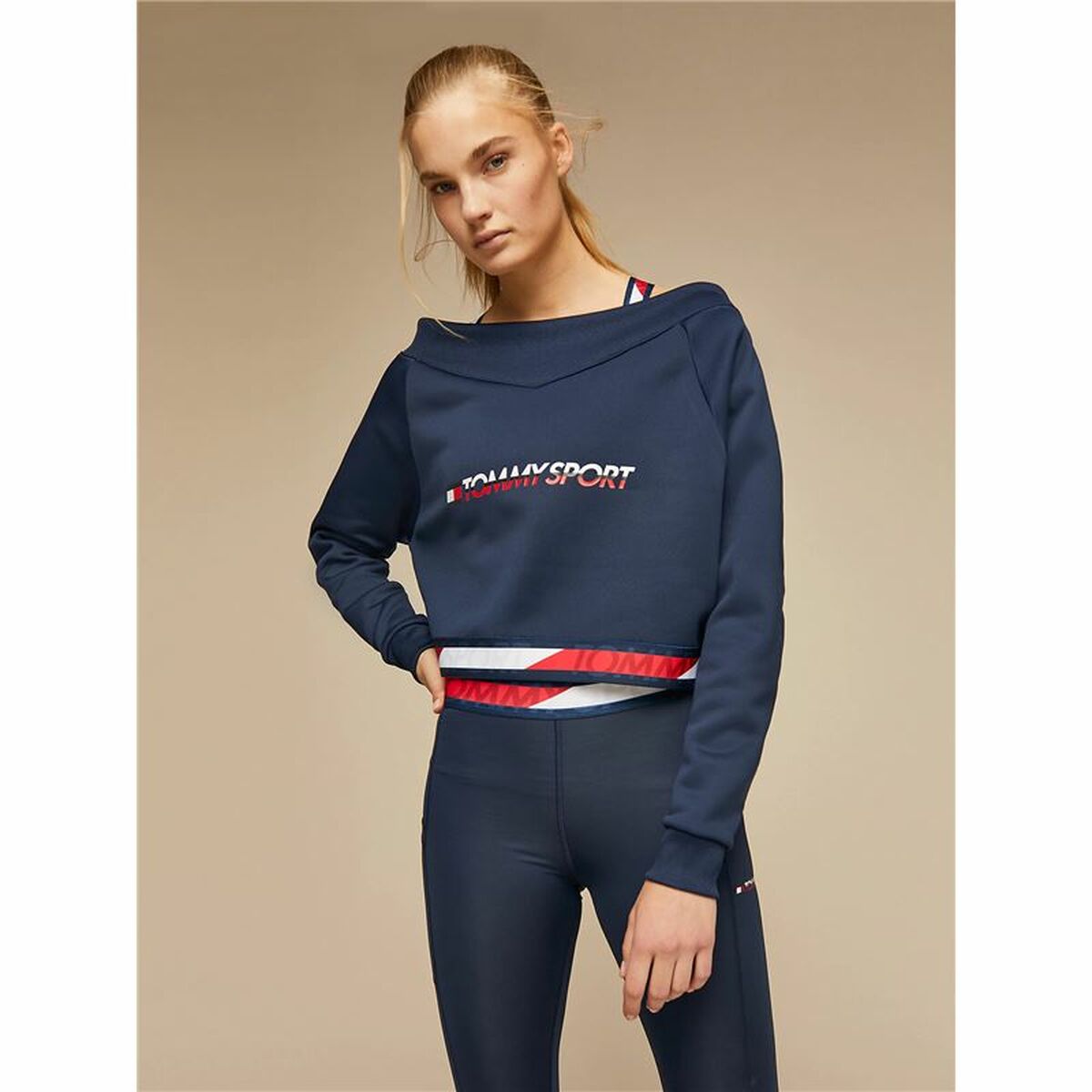 Tröja utan huva Dam Tommy Hilfiger Crop V Neck Mörkblå - 5