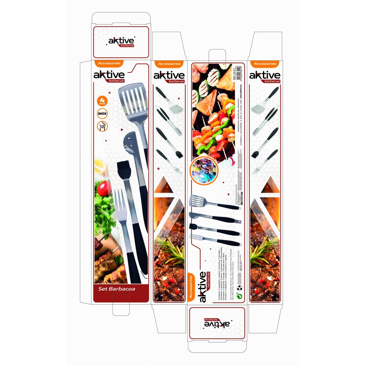 Set med Redskap för Barbecue Aktive 4 Delar Grill Rostfritt stål 10 x 42 x 4 cm (4 antal) - 15