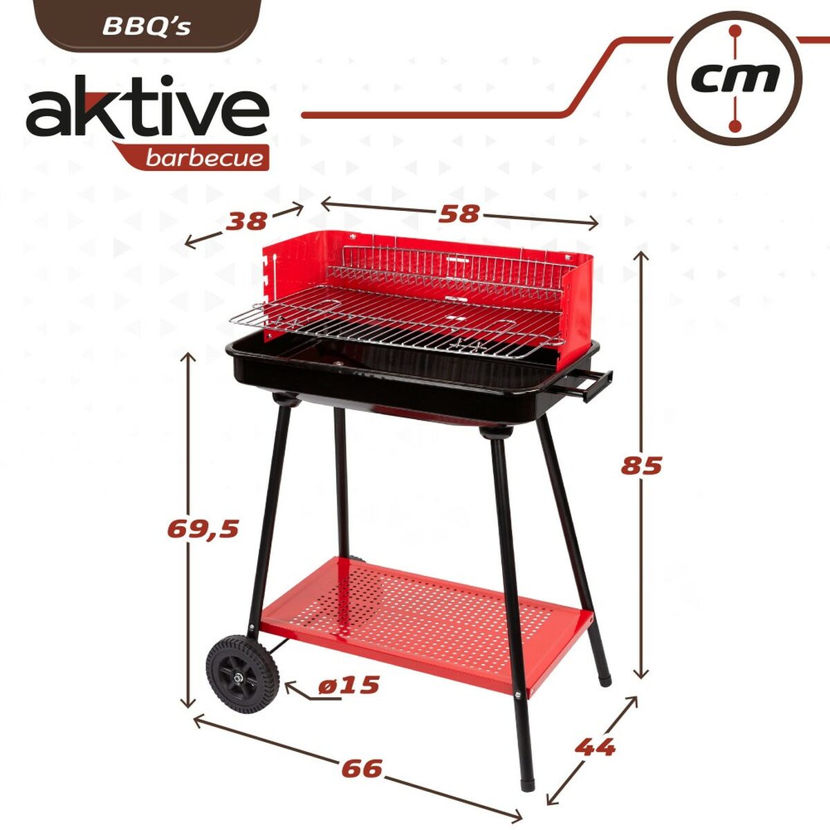 Kolgrill med hjul Aktive Stål Plast Emaljerad metall 66 x 85 x 44 cm Röd - 5