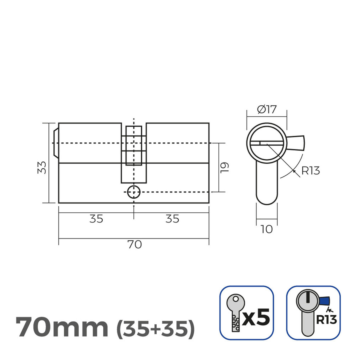 Cylinder EDM 85189 r13 Gyllene Mässing Kort kamlås Europeisk - 6