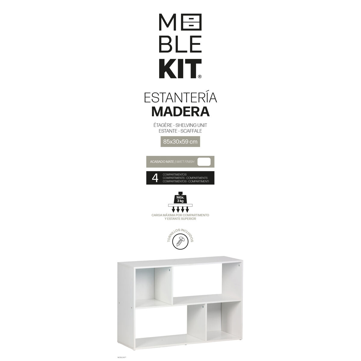 Bokhylla MobleKit Vit Trä 85 x 30 x 59 cm - 3