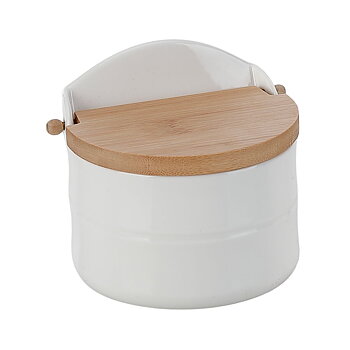 Saltkar med lock Home ESPRIT Vit Naturell Bambu Porslin 12 x 10 x 11 cm