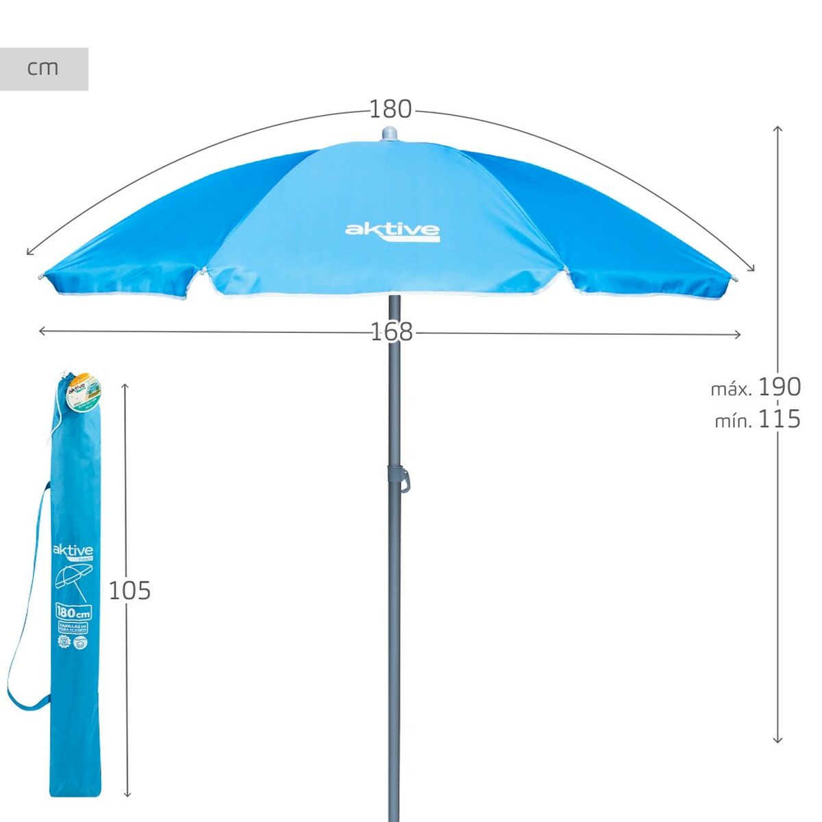 Paraply Aktive Blå Ø 180 cm 180 x 187,5 x 180 cm 180 x 190 x 180 cm UV50 (12 antal) - 5
