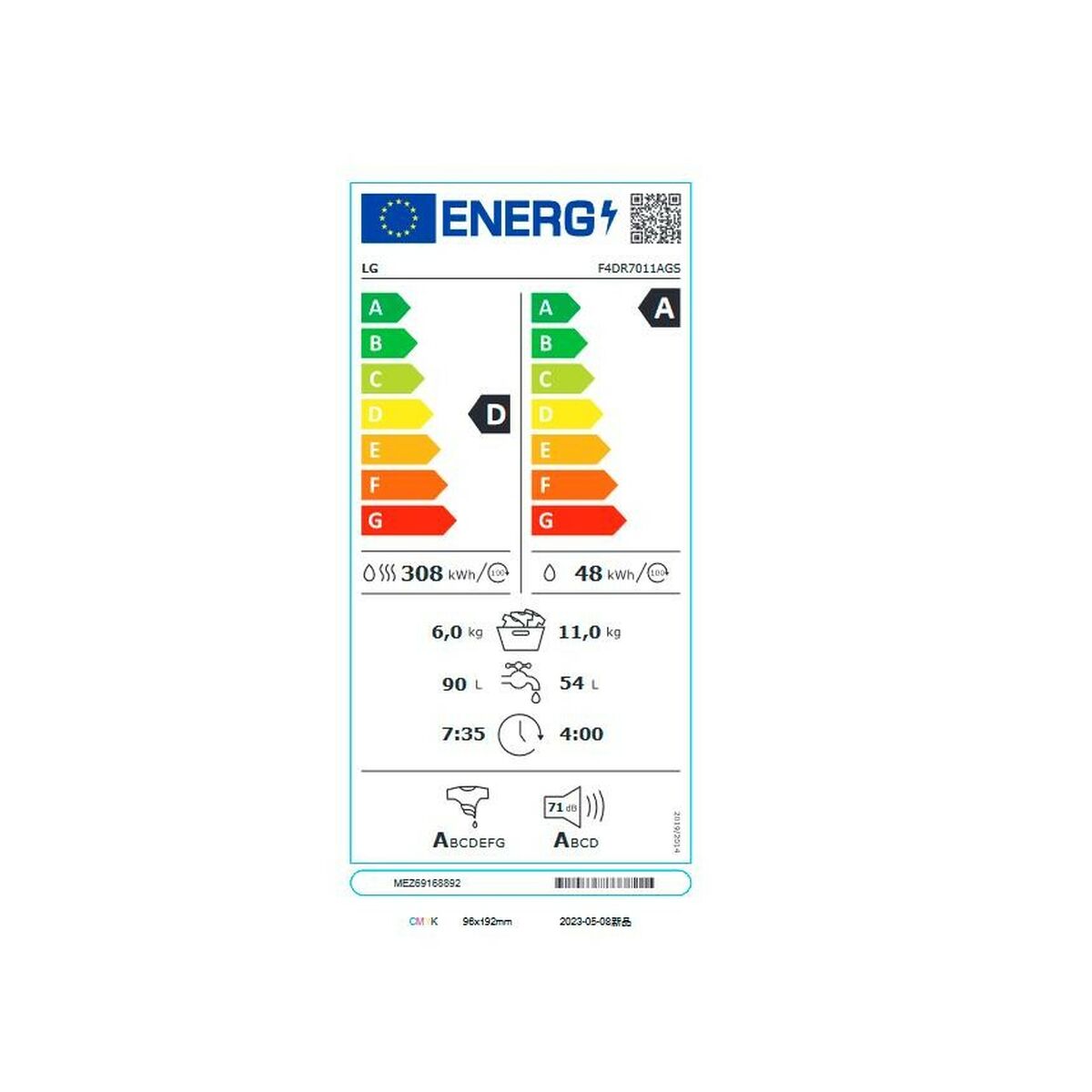 Washer - Dryer LG F4DR7011AGS 1400 rpm - 2