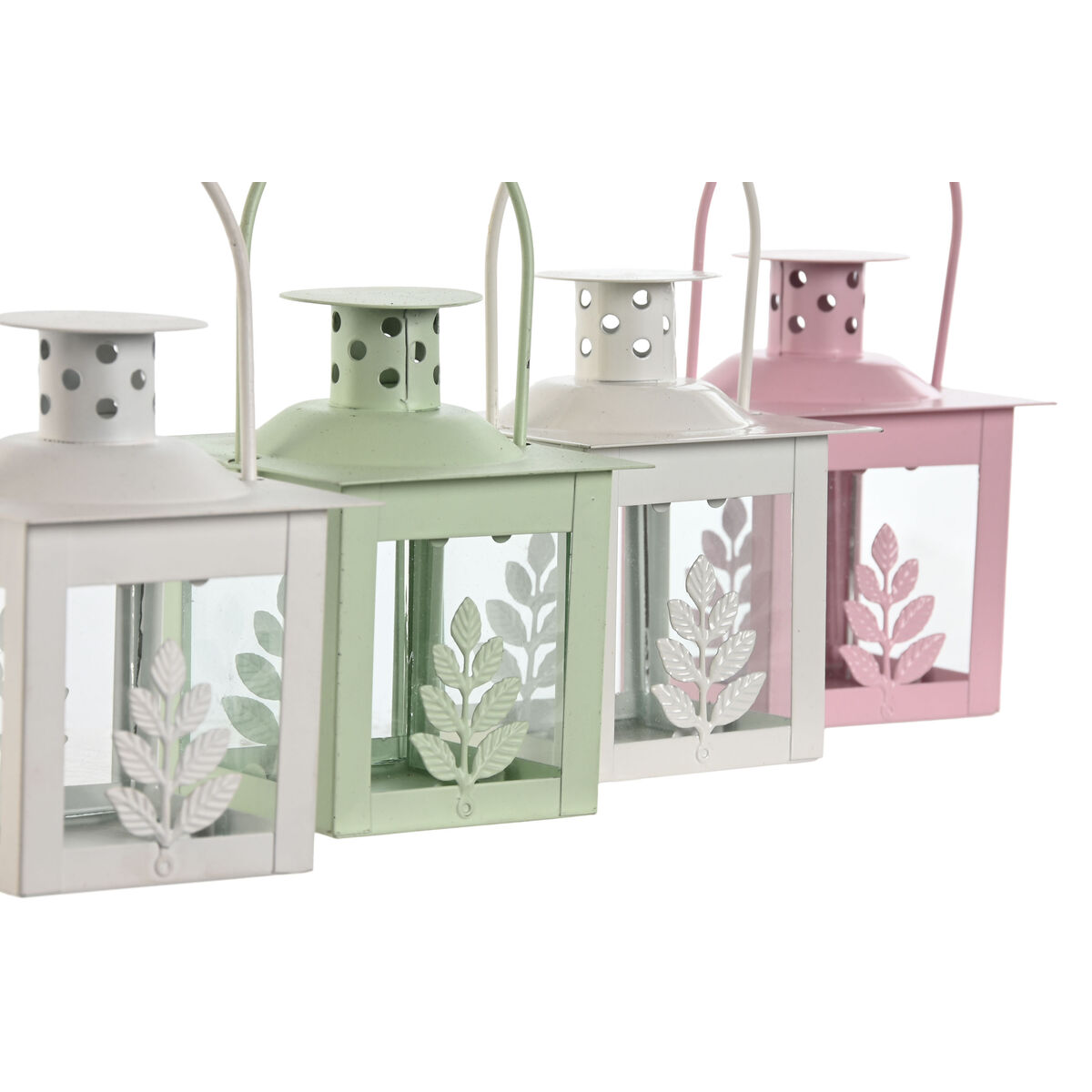 Lyktsats Home ESPRIT Vit Grön Rosa Glas Järn Shabby Chic 7 x 7 x 10 cm (3 Delar) (4 antal) - 2