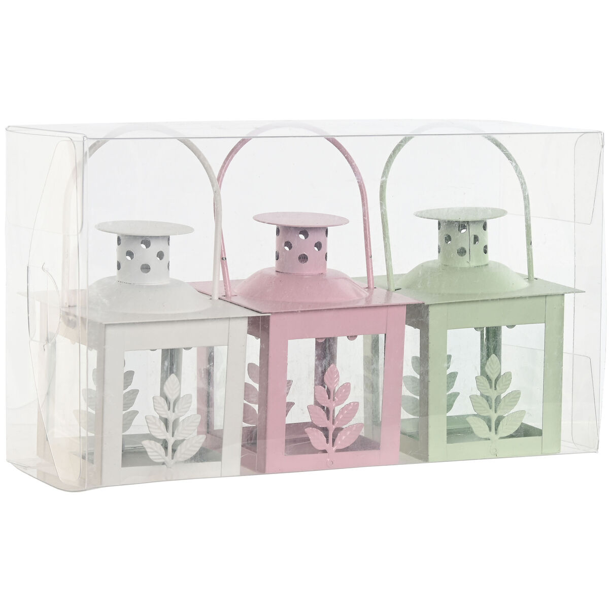 Lyktsats Home ESPRIT Vit Grön Rosa Glas Järn Shabby Chic 7 x 7 x 10 cm (3 Delar) (4 antal) - 4